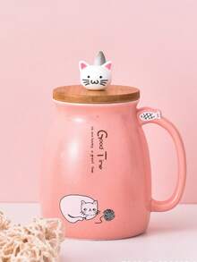 Zazumi Cute Cartoon Cat Ceramic Cup With Lid Spoon, Large Capacity Mug, Home Coffee Cup, Breakfast Milk Water Cup, Suitable For Valentine's Day Gift, Birthday Gift, Christmas Gift - Multicolor - View 4