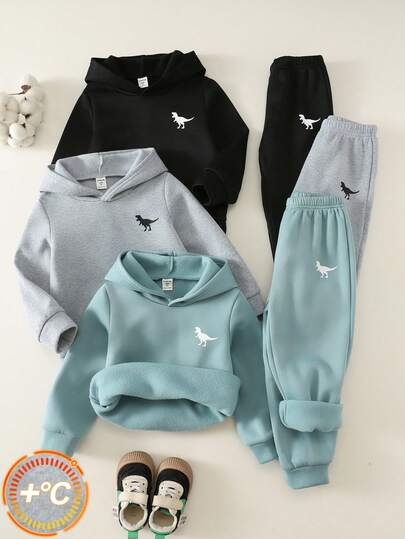SHEIN 6pcs/Set Kids Young Boy Autumn/Winter Casual Knitted Solid Color Print Pattern Hoodie Sweatshirt & Joggers Long Pants Tracksuit Basic Multi-Piece Set, Sports Outfit Suitable For Outdoor, Sports, School