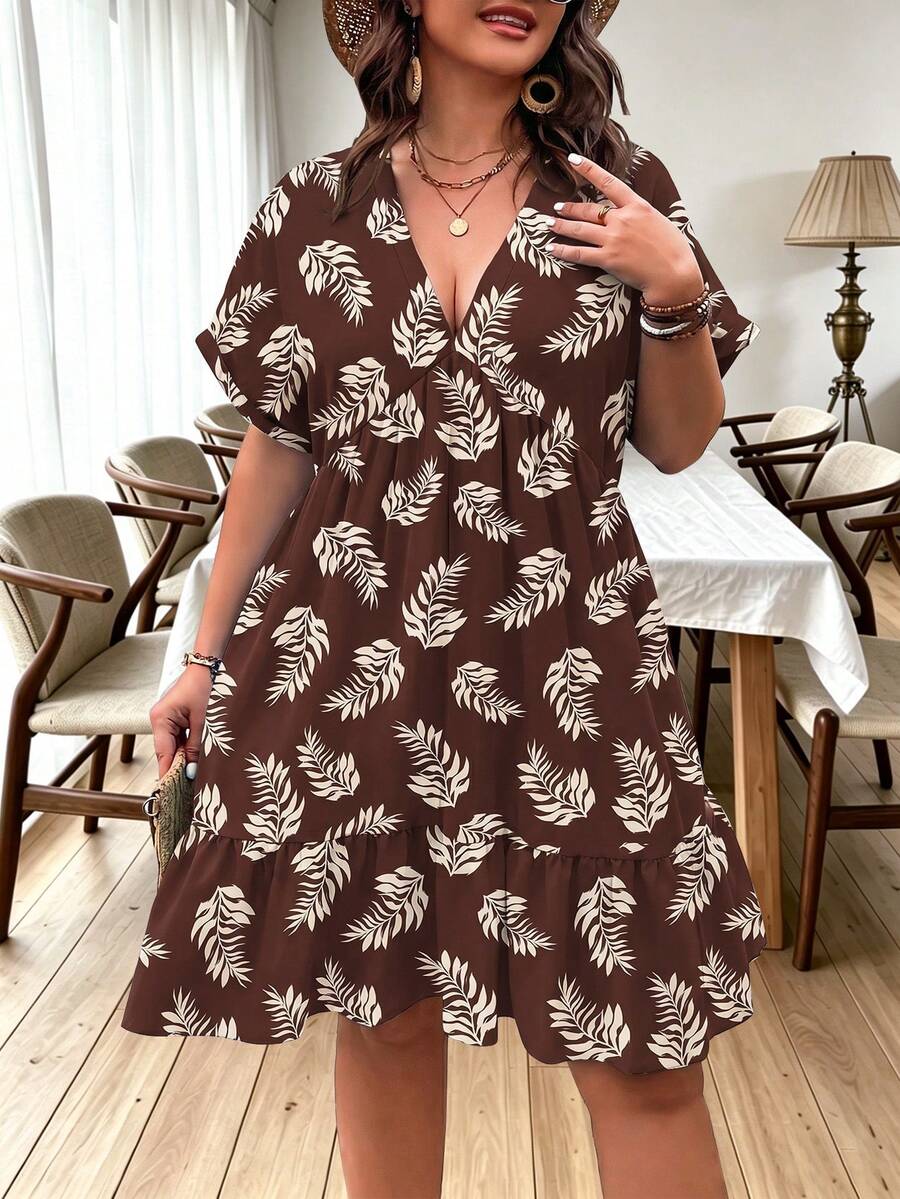 Ceyna 大码女式热带植物印花休闲连衣裙 - 咖啡棕 - 查看 1
