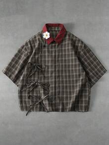 ROMWE MEN Men's Plaid Patchwork Casual Versatile Everyday Travel Shirt - Coffee Brown - View 1