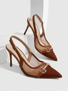 CUCCOO SZL Women Shoes Multi-Color Mesh Stitching Metal Buckle Pointed Heel Back Tripple Sandals Light And Sweet Style Spring And Summer Models Suitable For Work - Brown - View 1