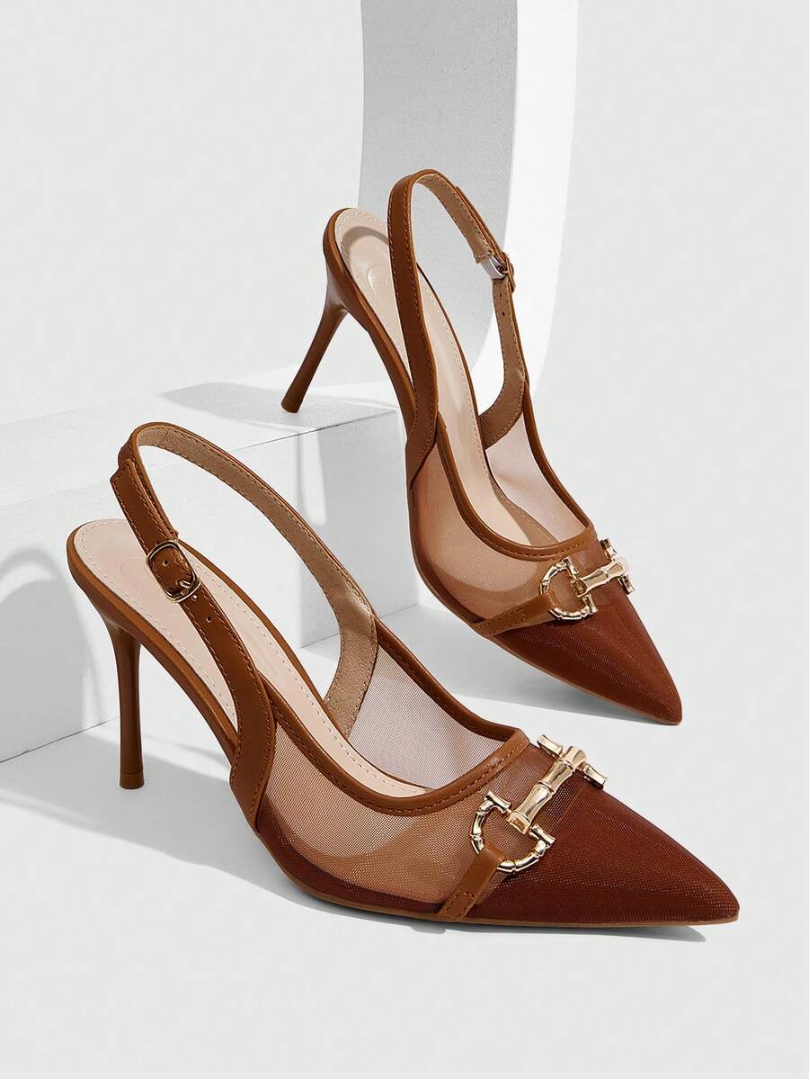 CUCCOO SZL Women Shoes Multi-Color Mesh Stitching Metal Buckle Pointed Heel Back Tripple Sandals Light And Sweet Style Spring And Summer Models Suitable For Work - Brown - View 1