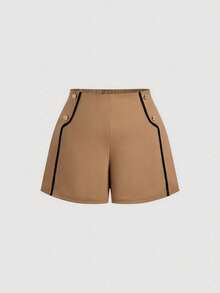 SHEIN MOD Plus Size Black And Gold Color Early Summer High Waist Shorts, Contrast Edge Design, Elegant Commute Outfit, Casual Daily Wear, Young Lady, Date Night - Camel - View 3