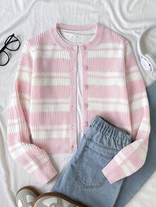 SHEIN 青少年女孩秋冬新款休閒學院風草莓奶油粉色與白色條紋針織開襟衫，返校穿搭 - 彩色 - 查看 3