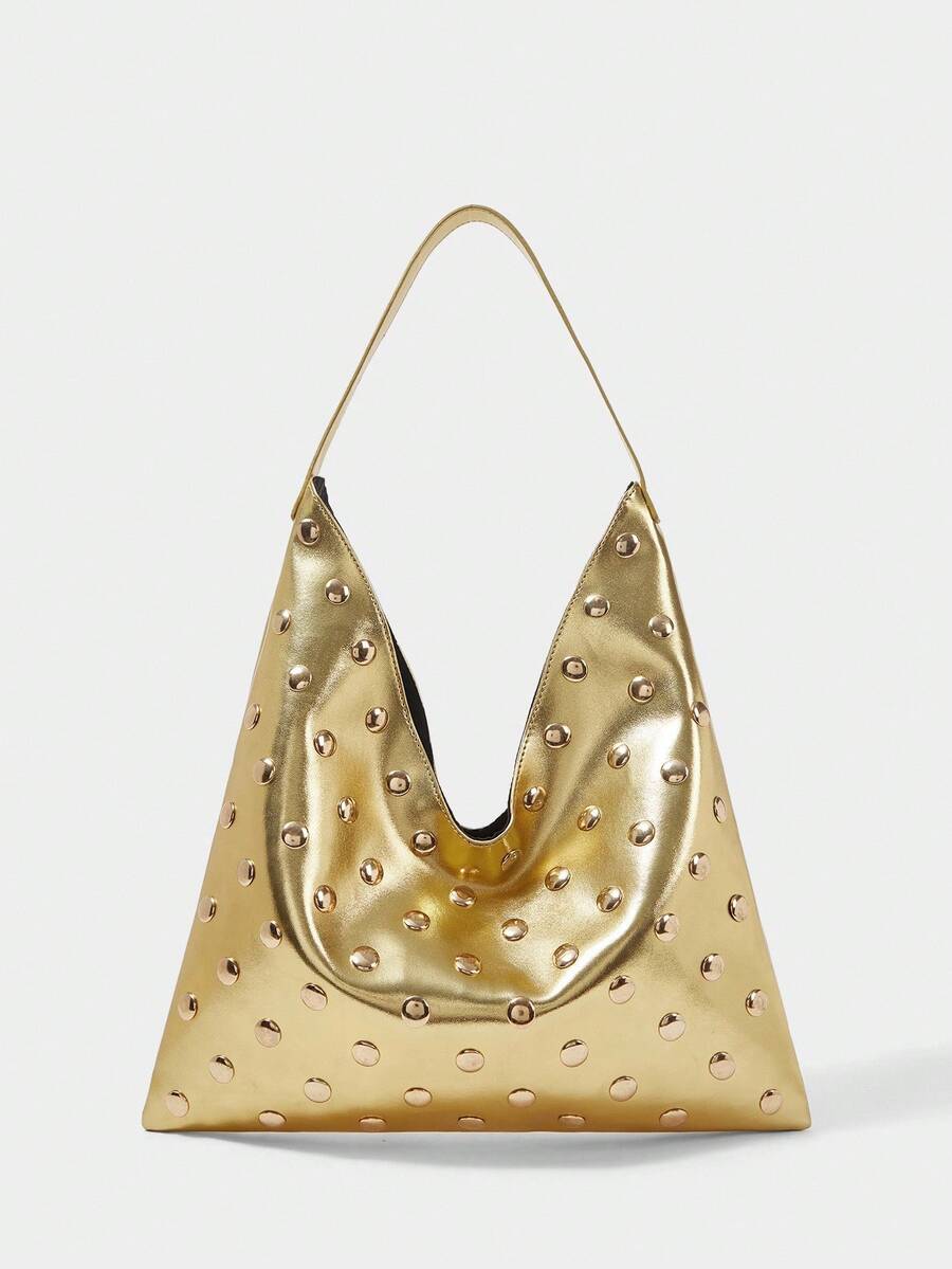 SHECARRY Women's Gold Rivet Decorative Shoulder Bag, Hobo Bag, Fashionable, Elegant, Simple And Personalized Versatile, Commuting, Dating, Daily Shopping - Gold 1 - View 1