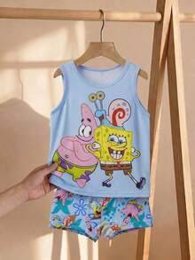 SpongeBob SquarePants | SHEIN Young Boy Cartoon Print Casual Tank Top And Shorts Set - Blue - View 3