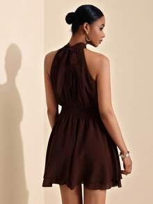 Elafinee Vestido corto de mujer de color café con cuello halter, volantes en la cintura y dobladillo con volantes de gasa - Café integral - Ver 2