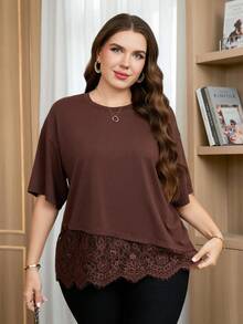 SHEIN Clasi Plus Size Women's Round Neck Lace Patchwork Casual Versatile Daily Wear T-Shirt - Brown - View 8