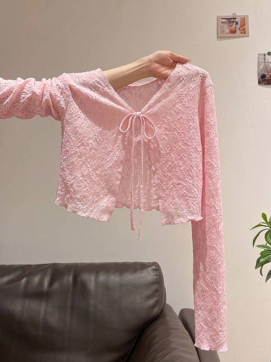 Comfortcana 女款鏤空刺繡前綁帶薄款外套 粉色 秋季 約會日常 可可愛優雅休閒