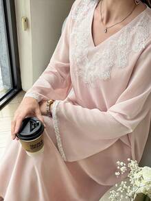 Yasmyna Lightweight Chiffon Wide Cuff Elegant Decorated Women's Arabian Dress - Pink - View 9