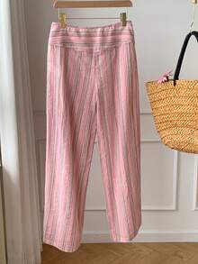 Comfortcana 女款條紋綁帶拼接長褲 - 粉色 - 查看 2