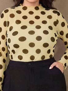 Chikora Plus Size Women's Mesh Print Elastic Fitted Polka Dot Top - Yellow - View 6