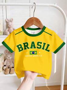 SHEIN 女嬰復古 BRAZIL 字樣黃色T恤，短袖圓領對比領口上衣，夏季休閒城市度假運動穿搭 - 彩色 - 查看 7