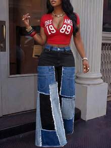 BriallanyX BriallanyX Women's Denim Patchwork Ultra Wide Leg Low Waist Pants Night Out Black Fall 2000s Y2k - Multicolor - View 6