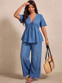 Elaquor Plus Size Women's Front Tie Short Sleeve Top And Pants Casual Denim Two Pieces Set - White - View 6