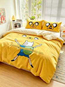ADVENTURE TIME X SHEIN 3Pcs Cute Cartoon Printed Quilt Cover Set, Polished Material, Soft And Warm, Red Quilt Cover, Multiple Sizes, Suitable For Single Bed/Double Bed/Queen Bed/King Bed - Yellow - View 2