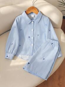 SHEIN Elladie kids 2件組少女拼接對比色不對稱領長袖條紋上衣，背後蝴蝶結裝飾，搭配拼接條紋長褲，休閒校園風，四季皆宜 - 彩色 - 查看 4
