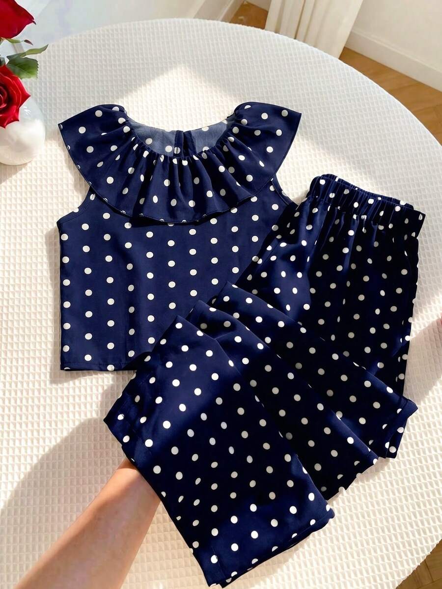 SHEIN Vintaside Kids 女童深藍色波點無袖荷葉邊兩件套,上衣配精緻荷葉領與無袖剪裁,下身配同款布料寬腿褲,適合居家玩耍、小睡、散步、公園遊玩與短途旅行 - 藏蓝色 - 查看 1