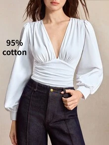BizChic Long Sleeve Bodysuit Elegant Sexy French Vintage Business Commute Date Vacation Halloween Back To School Party Birthday Office Slimming Elegant Versatile Summer Autumn Casual Daily Wedding Guest Special Occasion Outing Beach Gathering Social Holiday Shopping Afternoon Tea Travel Formal Vacation Style Slouchy Luxury Minimalist - White - View 7
