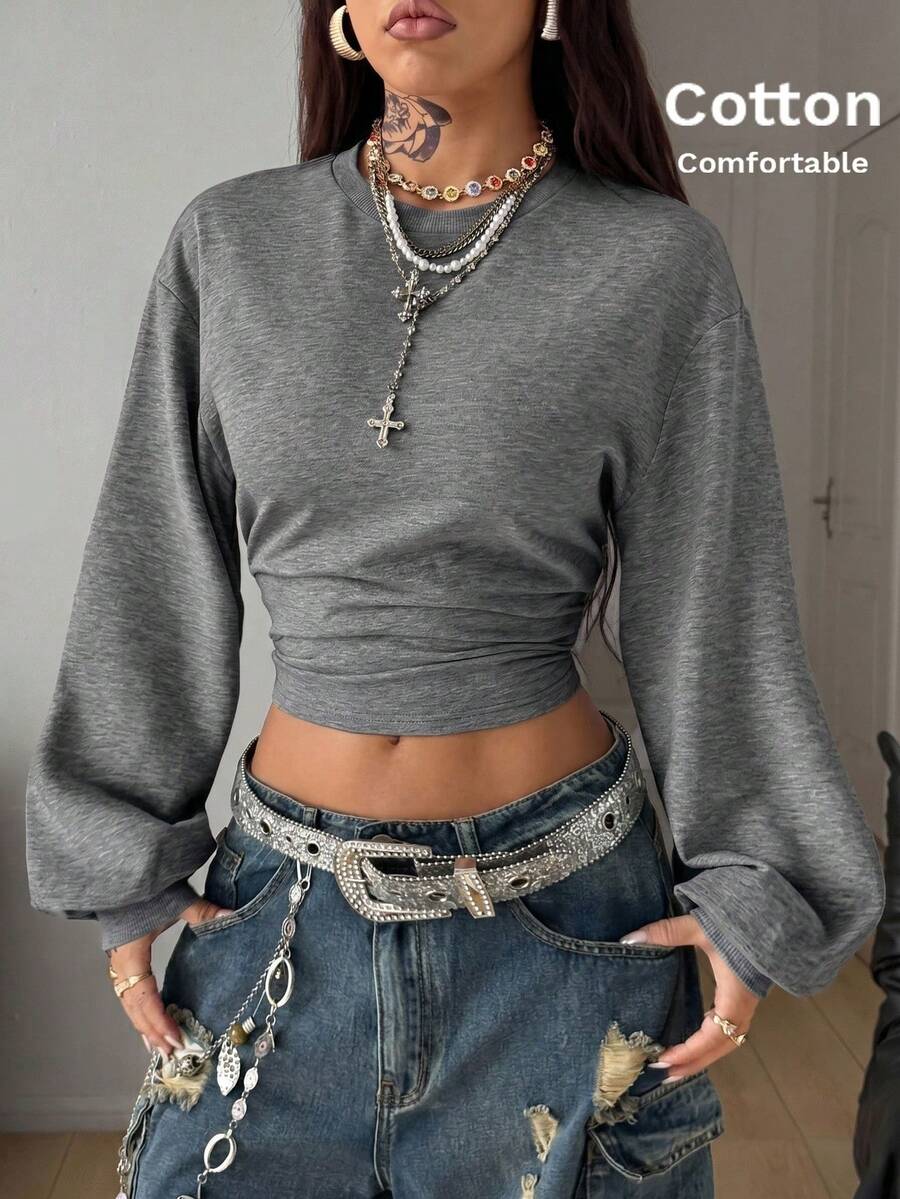 Coolane Sudadera gris de manga larga con cuello asimétrico plisado y unicolor básico para mujer, de vuelta a la escuela en otoño - Gris Oscuro - Ver 1