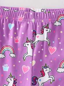 Conjunto de pijama de 2 piezas para niñas pequeñas, cómodo y suave, de tela de rayón de alta elasticidad, con estampado integral de arcoíris y unicornio, leggings de manga larga y cuello redondo - Púrpura malva - Ver 7