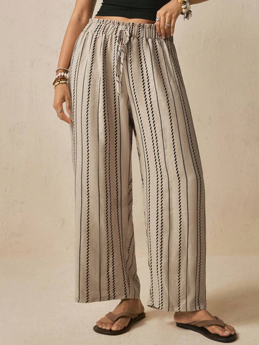 Freevana Quần dài ống suông rộng cho nữ size lớn, 100% cotton màu kaki kẻ sọc, phong cách thanh lịch thường ngày, thời trang dạo phố, đi du lịch, xuân hè - Màu Khaki - Xem 1