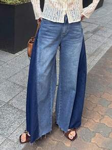 FRIFUL Celana Jeans Denim Wanita Kasual Serbaguna untuk Pemakaian Sehari-hari, Potongan Lebar, dengan Saku dan Kancing - Biru - View 7