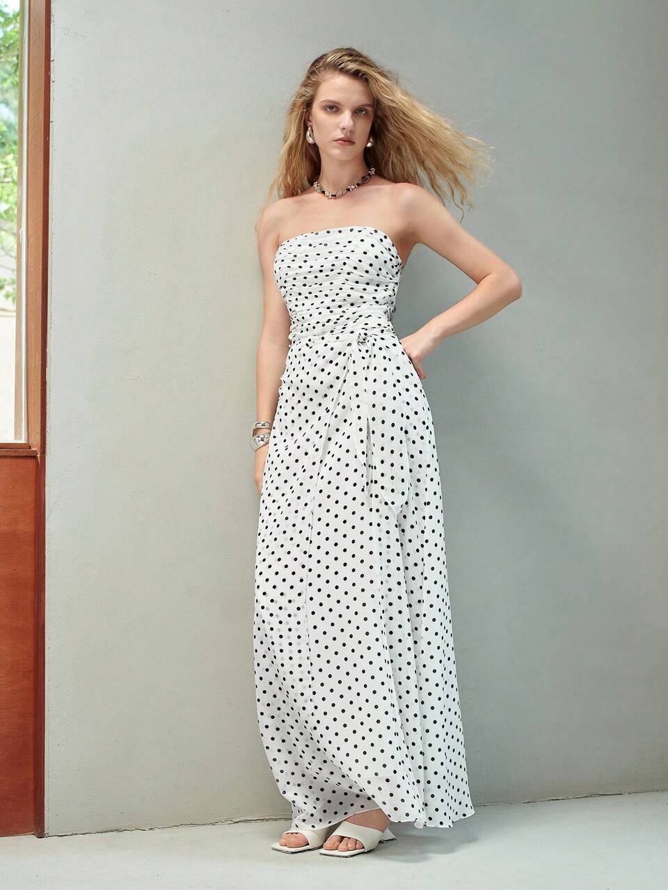 WOMEN'S POLKA DOT PRINT RUCHED WAIST TIE LONG STRAPLESS DRESS