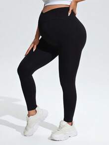 SHEIN Maternity Solid Color High Waist Daily Fitness Sports Leggings - Black - View 6