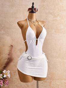 Bellisia Women's Solid Color Deep V Sexy Halter One-Piece Swimsuit With Cover-Up Skirt - White - View 3