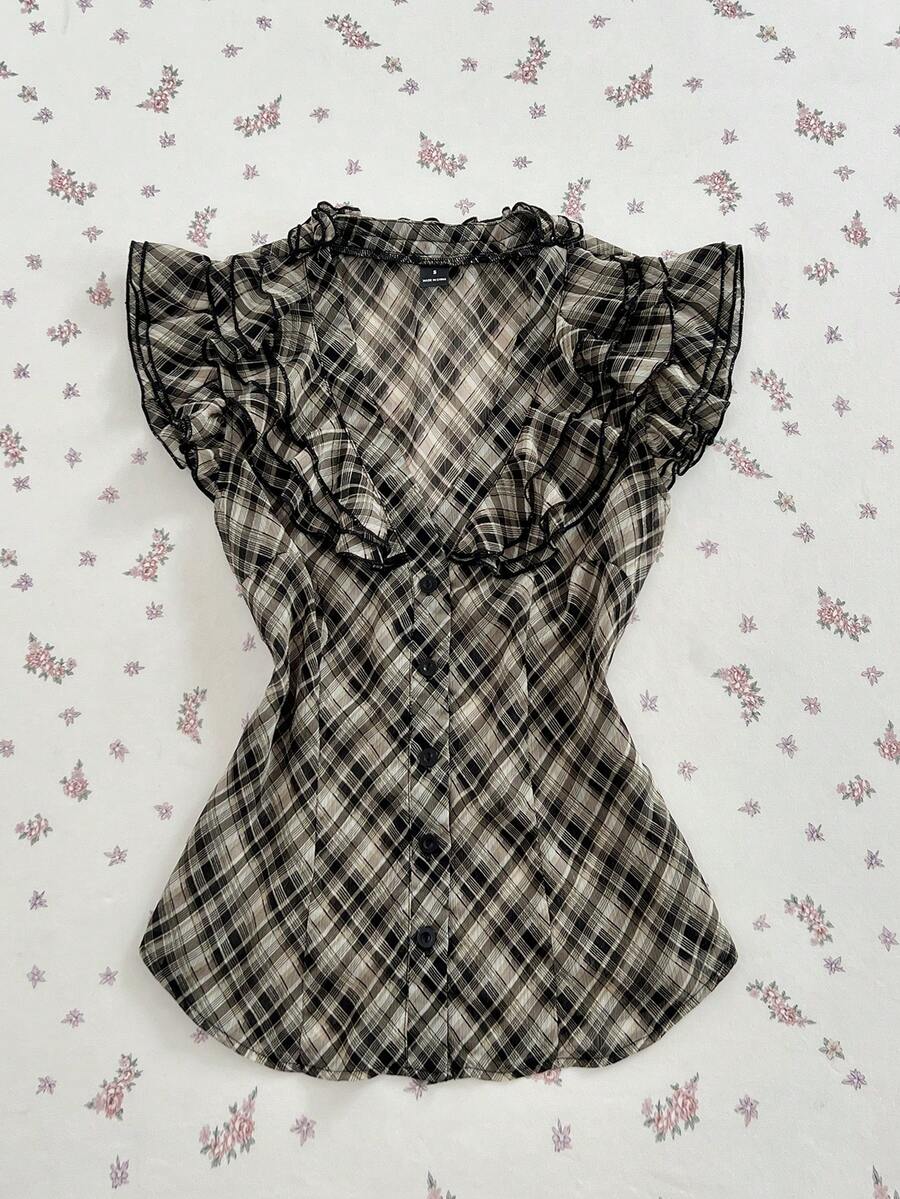 SHEIN Unity 春夏 Y2K 透視荷葉袖荷葉邊飾 V 領收腰娃娃風前開扣女款襯衫 - 彩色 - 查看 1