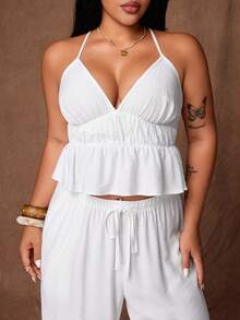 Rustia Women's Plus Size White Linen 2-Piece Set, V-Neck Camisole With Open Back, Cinched Waist And Ruffle Hem, Straight Leg Pants With Pockets, Casual Minimalist Daily Outfit For Vacation, Beach, Strolling, Shopping, Dating And Commuting - White - View 4