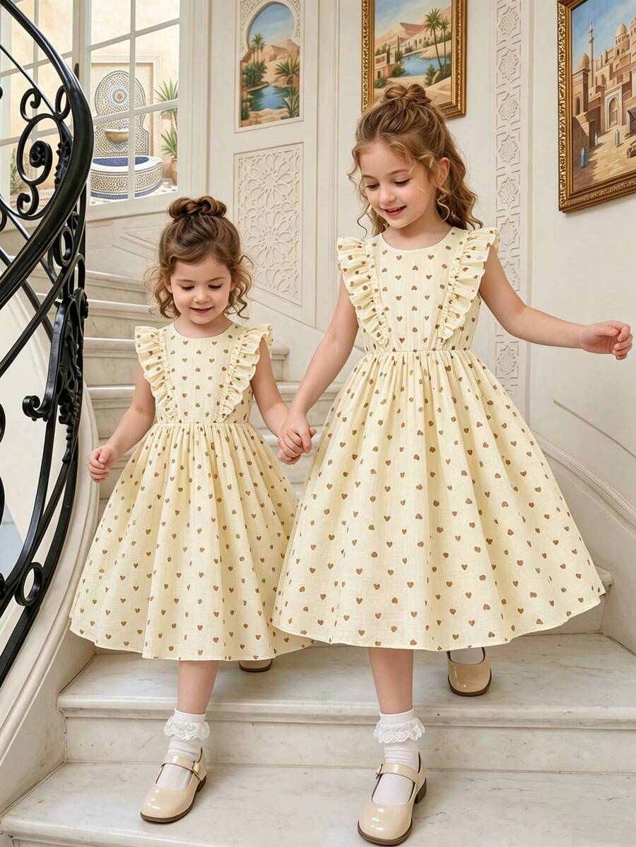 SHEIN Tween Girl Print Flutter Sleeve Dress, Back To School, Daily