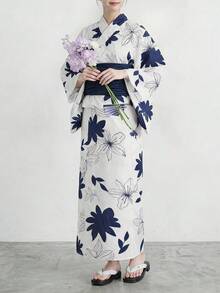 Irokai Floral Pattern Kimono Sleeve Robe And Camisole Dress Yukata Set - Blue and White - View 4