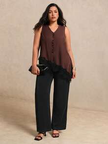 Juhart Plus Size Women's Solid Color V-Neck Sleeveless Blouse, Asymmetrical Hem Lace Trim Design, Elegant Casual Style, Suitable For Spring/Summer Vacation Outfits - Brown - View 7