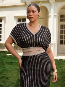 VOLUPTÉ CURVE Plus Size Women's Spring/Summer Black 2-Piece Set V-Neck Striped Knit Short Sleeve Top & Maxi Skirt, Elegant Casual Business Vacation Outfit - White - View 3