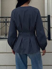 Siren Gaze Women's Navy Striped V-Neck Button-Front Shirt With A Fitted Waist And Lantern Sleeves-A Slimming Top Ideal For The Workplace - Navy Blue - View 3