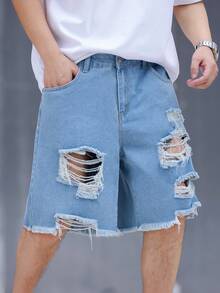 Manfinity Hypemode Shorts décontractés en jean délavé et effiloché avec poches, coupe ample, grande taille pour hommes - Bleu azur - Voir 3