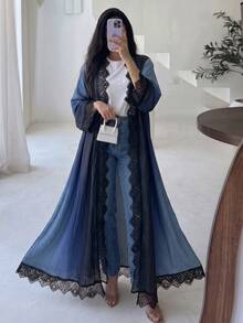Yasveil 女款梭織數位定位印花長袖黑色蕾絲飾邊保守優雅阿巴亞長袍 - 彩色 - 查看 6