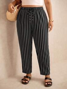 Elaquor Plus Size Casual Striped Colorblock Drawstring Waist Pocket Long Pants Fall - Black - View 5