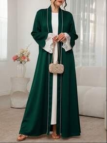 Al Najma Contrast Color Placket With Petal Decoration, Contrast Lace, Holiday Wear Arabic Long Robe - Dark Green - View 6