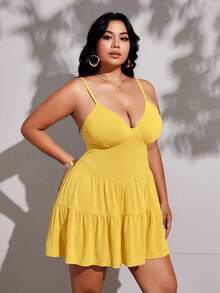 Viva Relle Plus Size Casual Solid Color Sleeveless Dress, Summer - Yellow - View 4