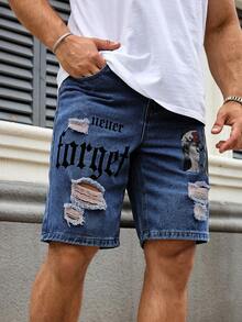 Manfinity Roughcore Men's Plus Size Letter Graphic Distressed Casual Denim Shorts - Dark Wash - View 6