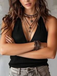 EMERY ROSE Top de punto sexy con cuello en V superpuesto y halter de unicolor para mujer - Negro - Ver 3