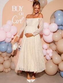 Loomaby Elegant Maternity Party Photoshoot Solid Color Lace Off-Shoulder Dress Wedding Floral White Autumn - Yellow - View 7