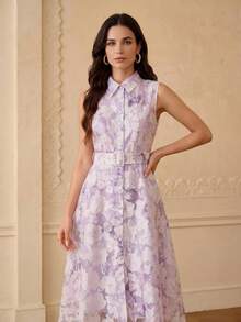 ZEYLAH Elegant Romantic Fitted Waist A-Line Jacquard Fabric Dress, Spring/Summer Wedding Holiday Party White Floral - Purple - View 4