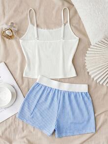 SHEIN 少女春夏情人节家居服，Clean Girl/American品牌，蕾丝边波点图案吊带背心和短裤套装 - 彩色 - 查看 2
