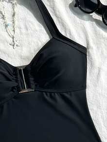 SHEIN Girlism Teen Girl Solid Color Halter Tankini And Triangle Tankini Swimwear Set, Suitable For Summer Vacation And Beach - Black - View 4