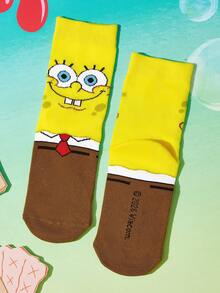 SpongeBob SquarePants | SHEIN 2雙純棉可愛卡通圖案兒童中筒襪，男女通用，襪跟加強耐磨 - 黃色 - 查看 4