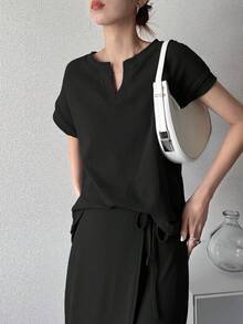 DAZY Women's Solid Color Minimalist Casual Basic Notch V-Neck Top And Tie-Up Maxi Skirt 2 Pieces Set Summer Lounge Sets Brunch Black - Black - View 4